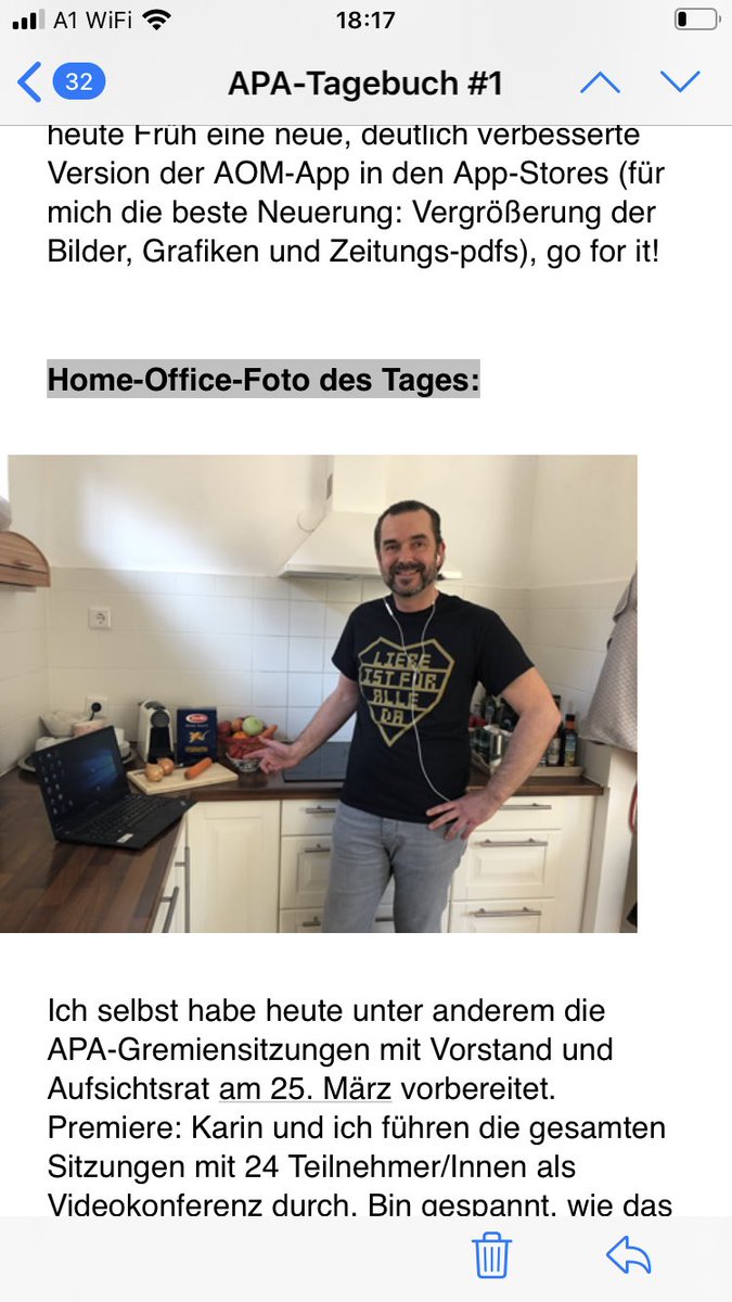 Und damit wir im Home-Office nicht das Gefühl fürs “APA-Ganze“ verlieren, gibt es ein APA-Tagebuch mit Infos aus allen Bereichen und dem Home-Office-Foto des Tages.