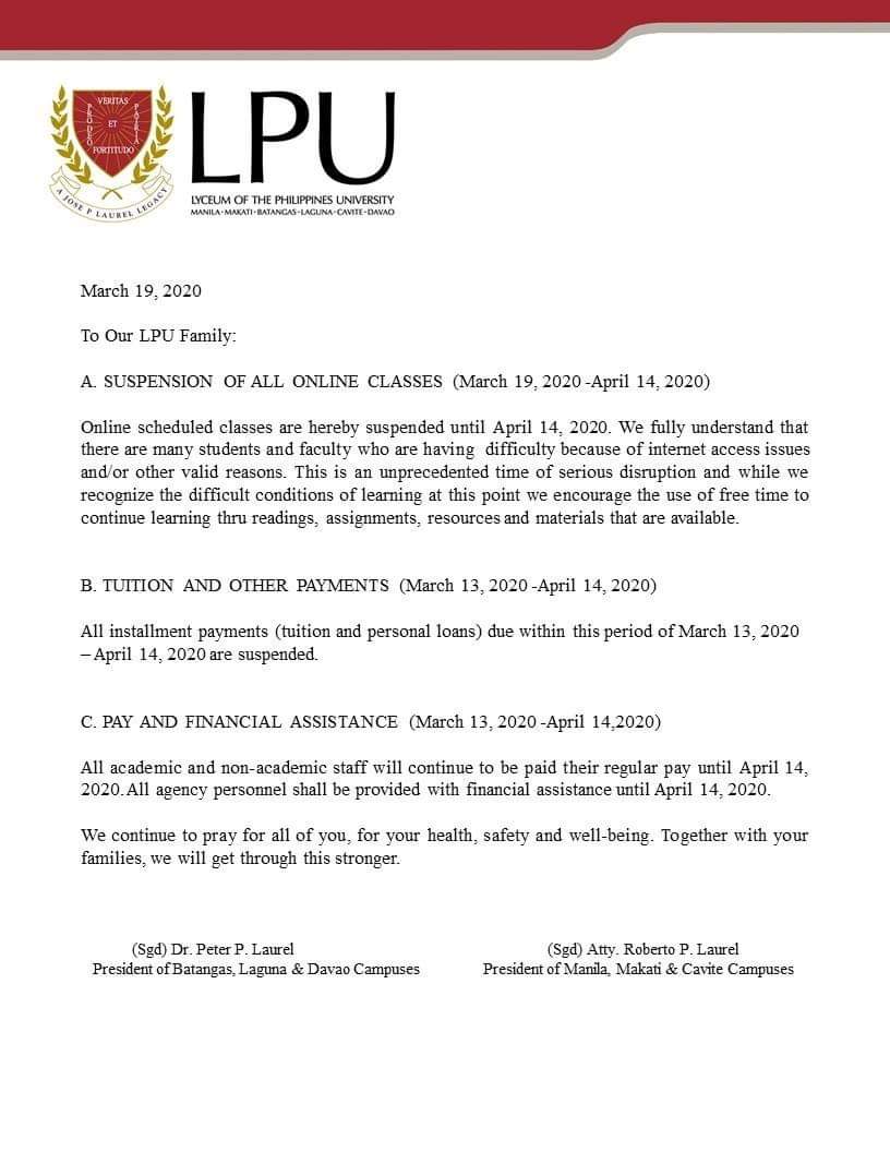 Joint Official Statement of LPU Manila, Makati and Cavite President, Atty. Roberto P. Laurel and LPU Batangas, Laguna and Davao President, Dr. Peter P. Laurel on the Enhanced Community Quarantine.