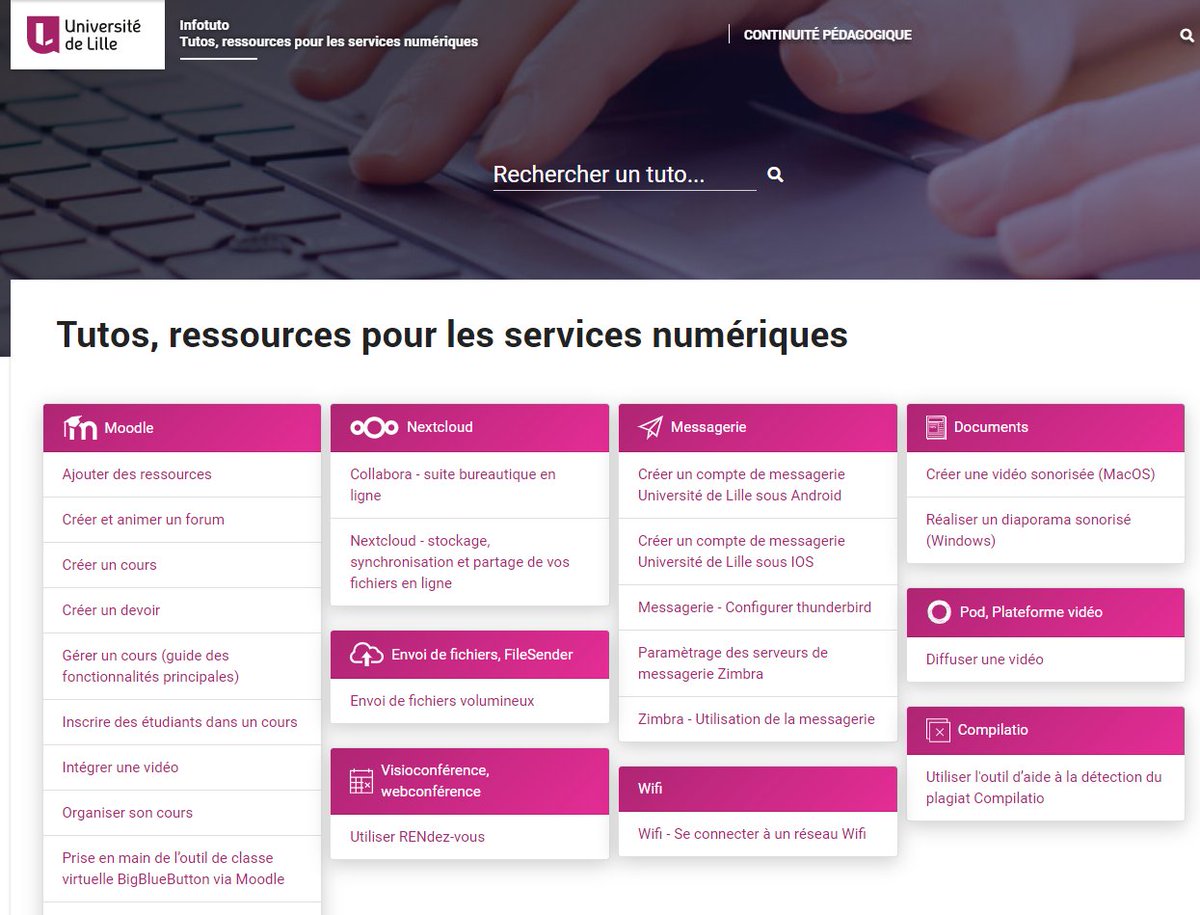 dip_ulille's tweet photo. #continuitepedagogique Toutes les aides, tutoriels pour les services numériques #ulille @univ_lille #moodle #bigbluebutton #pod #video https://t.co/mo6Gk0fxa5 #pedagogie https://t.co/hQz0yT24Uz