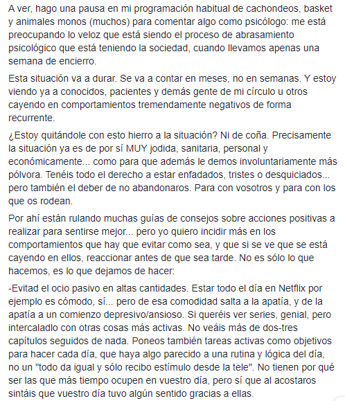 duende_lew's tweet photo. Os dejo esta reflexión como psicólogo que dejé ayer en mi FB. Sobre lo rápido que nos está abrasando la situación, y consejos de qué NO hacer. Espero que os ayude. https://t.co/SDMo7fqU5G