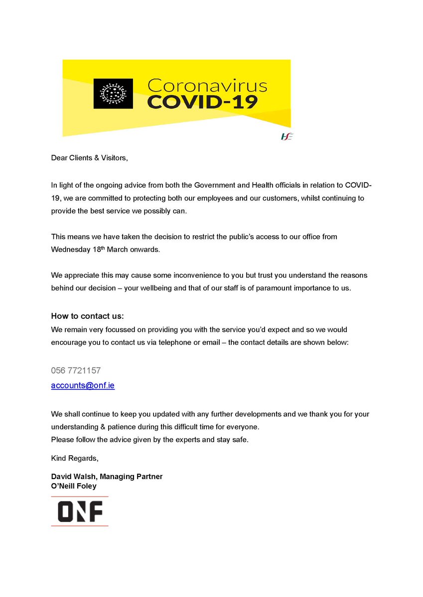 At <a href="/ONeillFoley/">O'Neill Foley</a> we are committed to protecting both our employees &amp; customers in a way that enables us to still provide the best service we can &amp; so we have taken the decision to restrict the public's access to our office from March 18th onwards. We appreciate your understanding