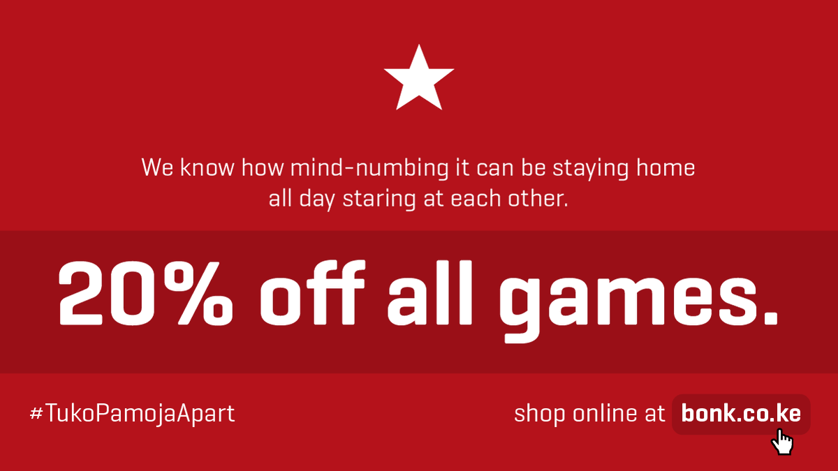 bonkstore's tweet photo. We're happy to send you any Bonk Game at 20% off to help keep you sane during this lock-down.

Our priority remains protecting the safety of our customers, team, and the wider Kenyan community.
Online shopping remains available for now.

#TukoPamojaApart #DoTheFive https://t.co/aac5RtTHl0