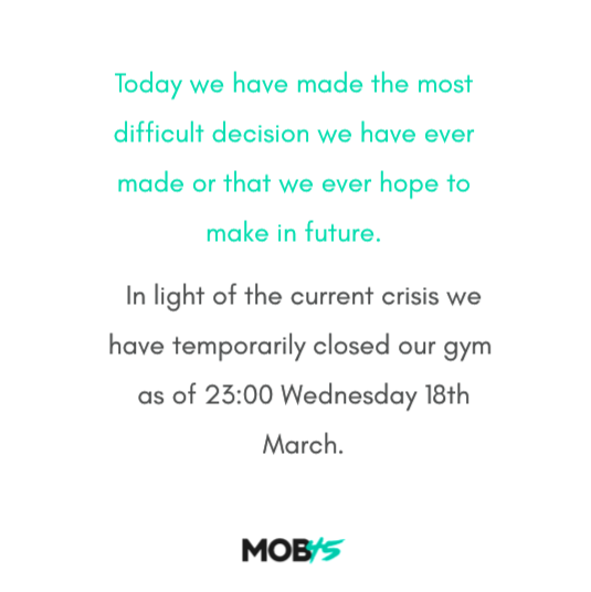 MOB45Official's tweet photo. Truly sad to announce that we have taken the decision to close in light of the current crisis. If you have any questions, please don't hesitate to drop us an email at memberservices@mob45.co.uk. 

Stay well ♥️ https://t.co/F3VY1ZbROU