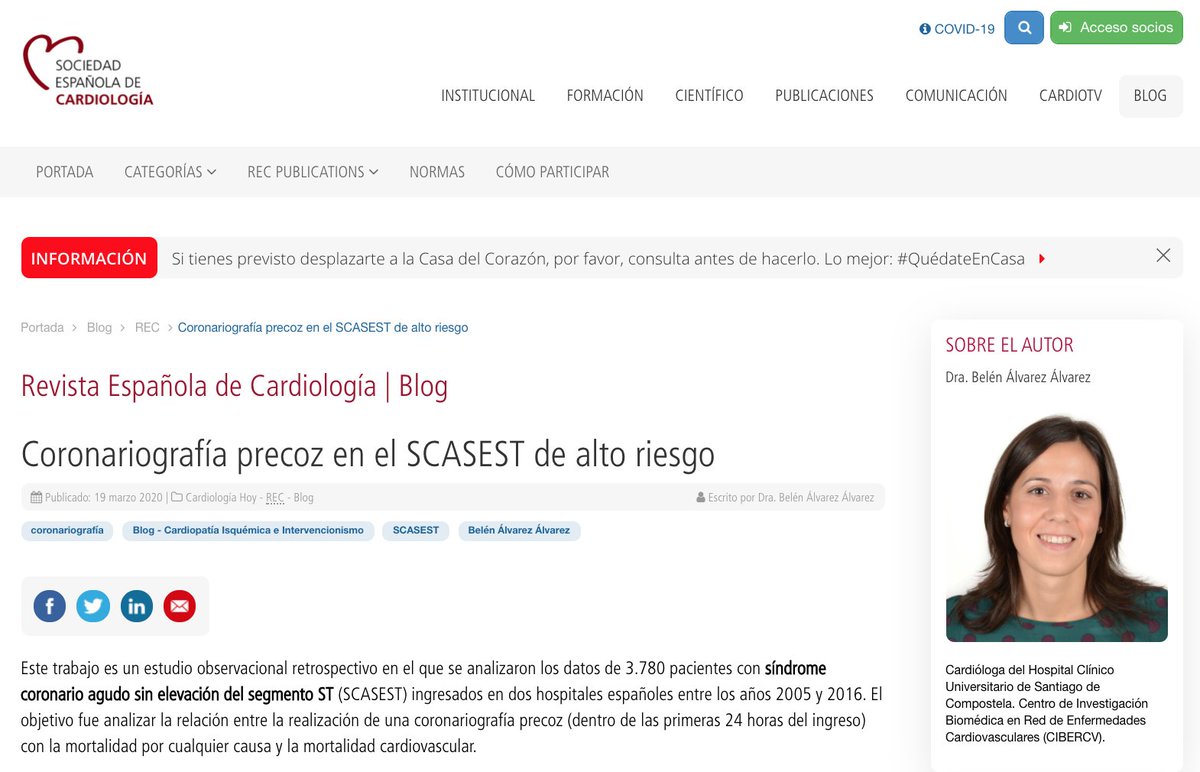 Dra. Belén Álvarez: "En pacientes con SCASEST de alto riesgo (puntuación GRACE ≥ 140) la coronariografía precoz puede asociarse con una reducción de la mortalidad global y con la mortalidad cardiovascular" #BlogREC <a href="/RevEspCardiol/">REC Publications</a> ow.ly/XXj350yPI6O