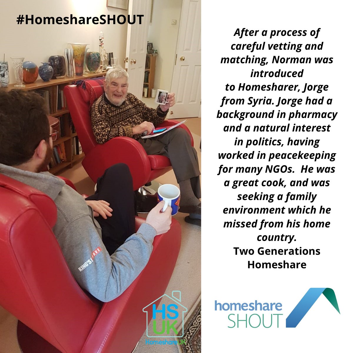 Homeshare_UK's tweet photo. Norman and Jorge are self-isolating together, keeping each other company and supporting each other during #coronavirus. There are many homesharers providing vital support to each other during this time. @twogenhomeshare #HomeshareSHOUT https://t.co/QWvj0mOITu