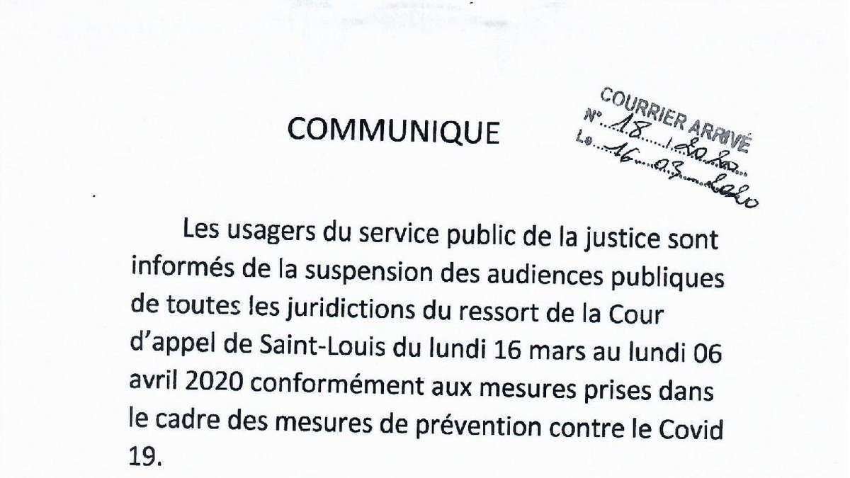 barreausenegal's tweet photo. Cour d'Appel de Saint-Louis, Sénégal : Communiqué à la connaissance des usagers du service public de la justice

#covid19 #coronavirus #senegal #ordredesavoats #barreaudusenegal #odas #coursdappel #saintlouis https://t.co/Oy5W12yrux