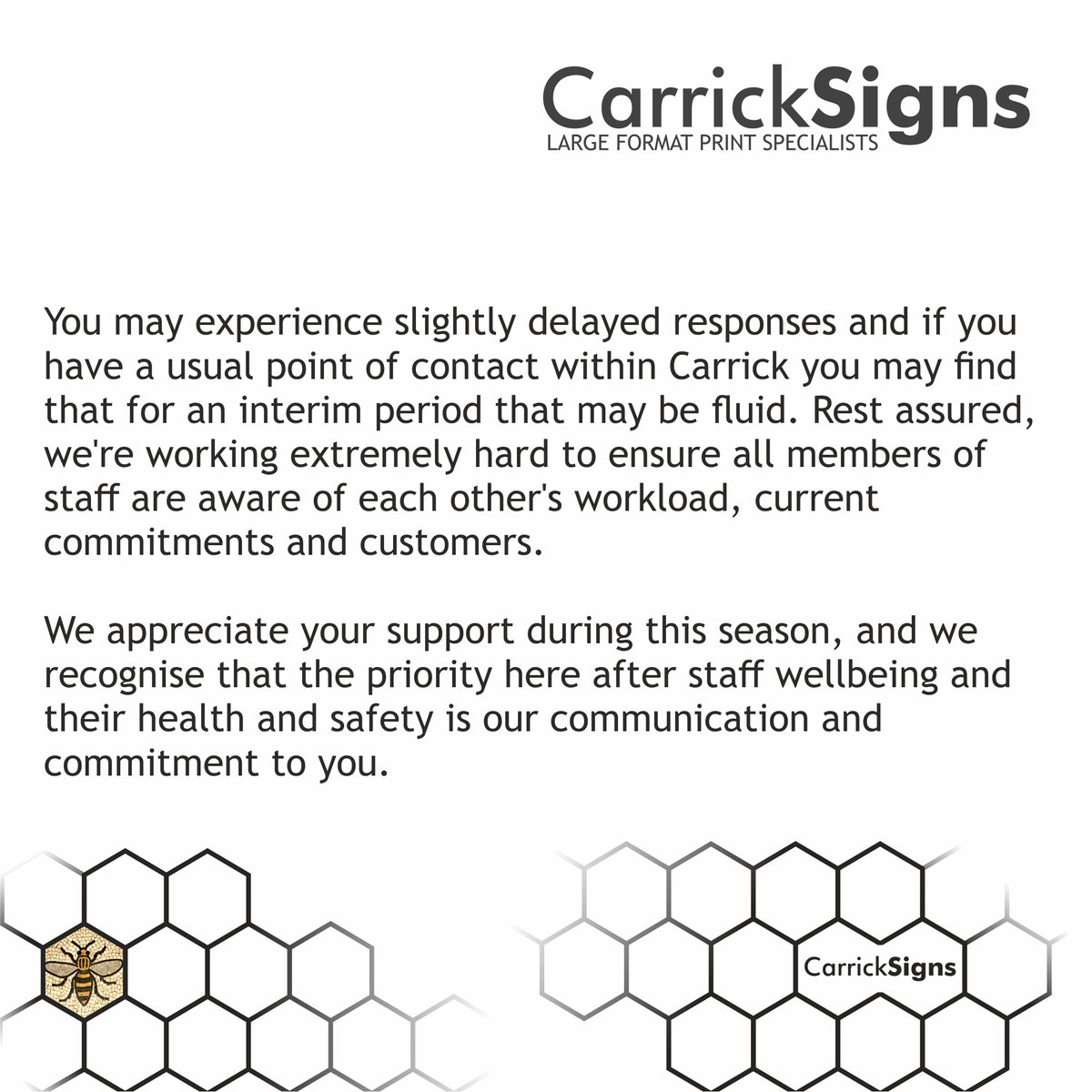 CarrickSigns's tweet photo. Please read our customer statement in response to the current climate. We're working hard to ensure we continue to deliver the same exceptional level of customer service. #carrick #largeformatprint https://t.co/thU1LfhafD