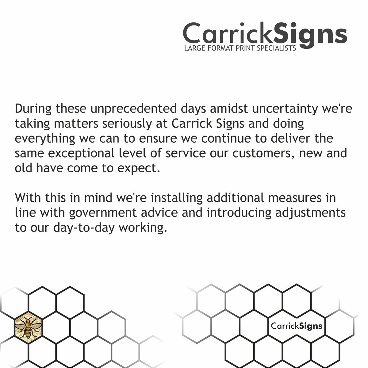 Please read our customer statement in response to the current climate. We're working hard to ensure we continue to deliver the same exceptional level of customer service. #carrick #largeformatprint