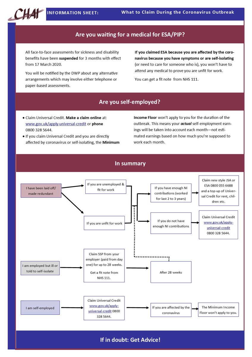 CHAIedinburgh's tweet photo. Coronavirus:  self-isolating, lost your job, had your hours reduced?  What can you claim?  See our Factsheet! https://t.co/PKagcYhWjQ