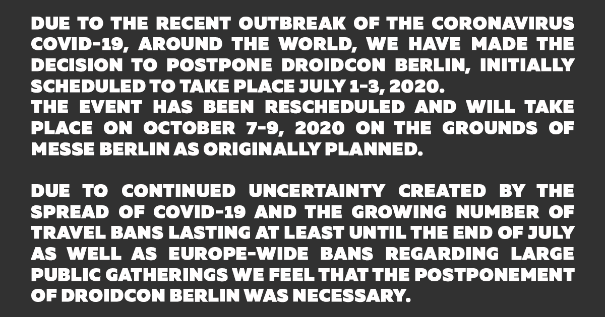 droidconBerlin's tweet photo. Important update about #DCBERLIN20 https://t.co/OvIYHDXYO0
