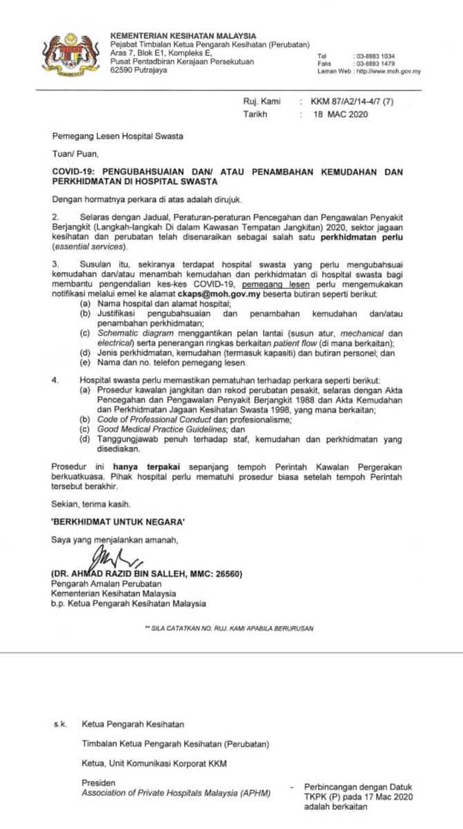 CKAPS_KKM's tweet photo. COVID-19: HOSPITAL SWASTA YANG TERLIBAT MEMBANTU PENGENDALIAN KES
Sekiranya terdapat hospital swasta yang perlu mengubahsuai dan/atau menambah kemudahan & perkhidmatan, sila rujuk surat di bawah.
@KKMPutrajaya
@DrAdhamBaba
@DGHisham
#COVID19
#CKAPS
#KamiSediaMembantu https://t.co/FWFMd3g5UH