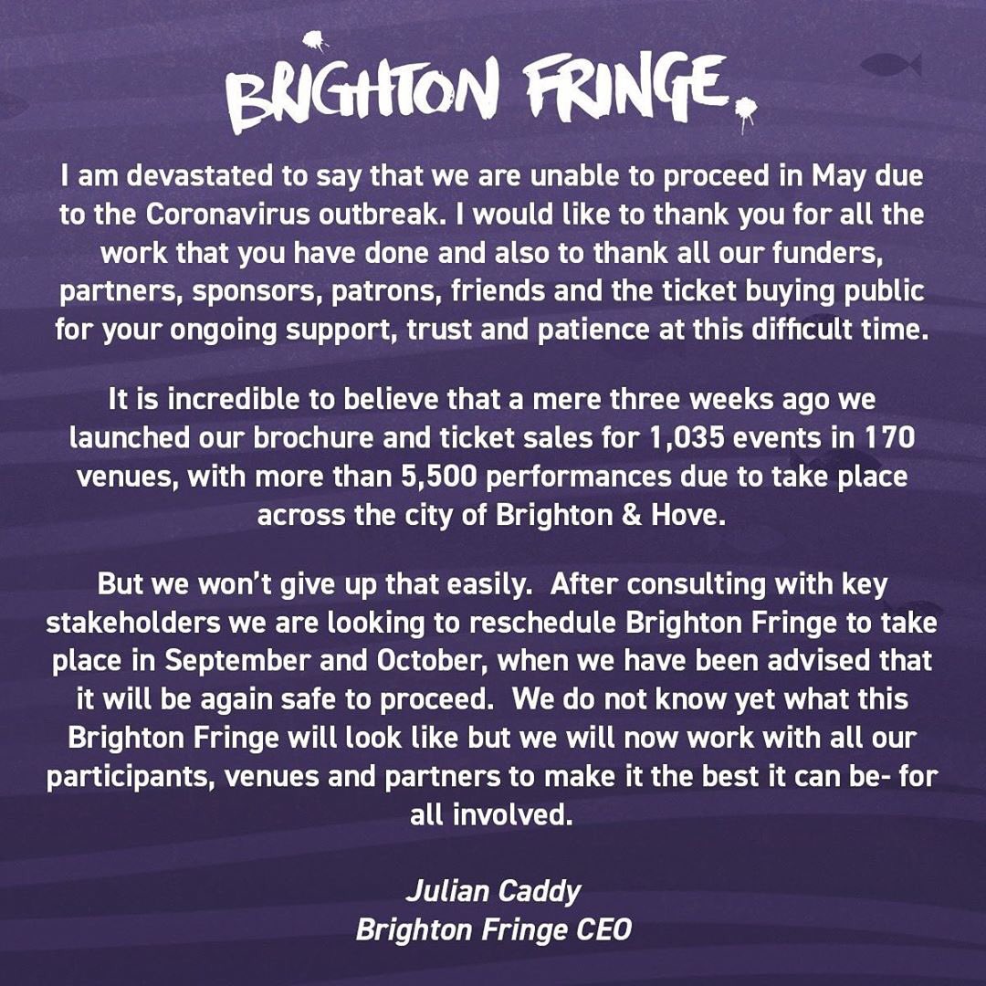 CyborgLifeDraw's tweet image. Sadly, since our performance at the Brighton Fringe Launch Party just 3 weeks ago we have discovered that the Fringe will no longer take place in May due to the Coronavirus but the Brighton Fringe will reemerge in the Autumn, so we look forward to seeing you then. #coronavirus