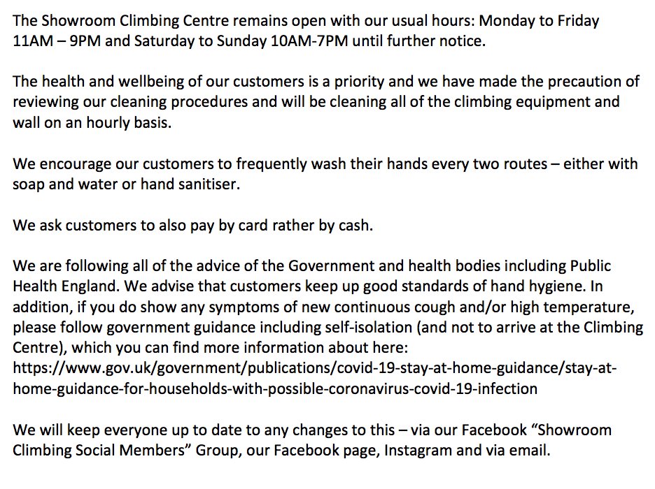 Statement regarding The Climbing Centre and Covid-19: