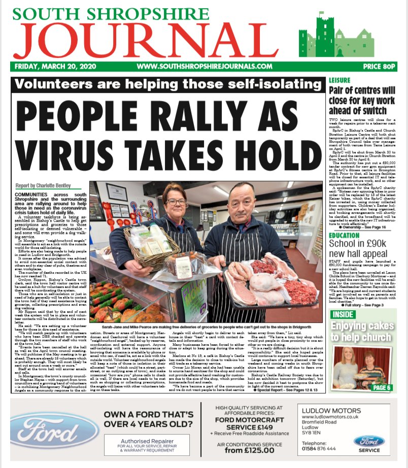 South Shrops Journal (@southshropjourn) on Twitter photo Morning everyone! It's been a whirlwind few days for everyone... but this week's <a href="/SouthShropJourn/">South Shrops Journal</a> is out!
We'll be doing our very best to keep readers updated, not only about coronavirus and the impact on society but other local news too #buyapaper Morning everyone! It's been a whirlwind few days for everyone... but this week's <a href="/SouthShropJourn/">South Shrops Journal</a> is out!
We'll be doing our very best to keep readers updated, not only about coronavirus and the impact on society but other local news too #buyapaper