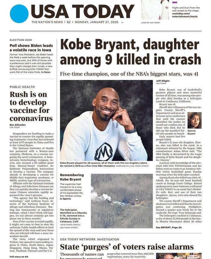 Kobe Bryant Death Newspaper