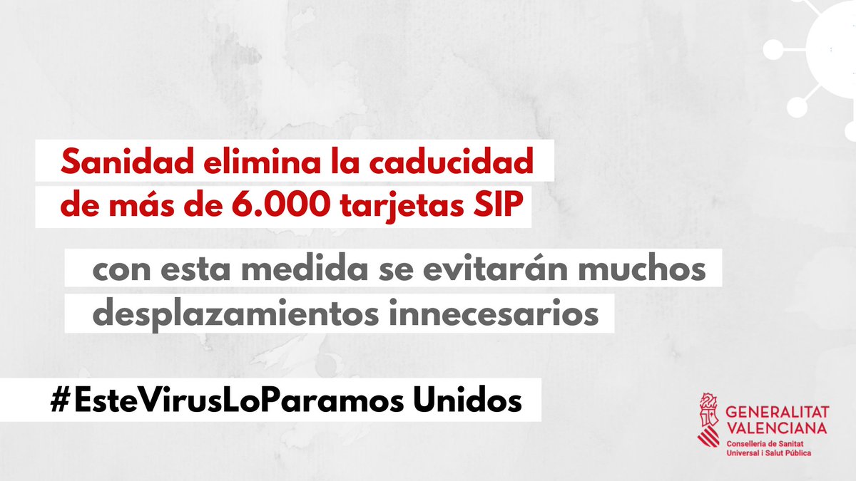 GVAsanitat's tweet photo. 📢@GVASanitat ha eliminado la caducidad de las tarjetas SIP que vencían en los próximos días (6 mil caducidades programadas), para que no sea necesario acudir a renovarlas y evitar desplazamientos. Tendrá una duración de dos meses que se podrá prorrogar

#EsteVirusLoParamosUnidos https://t.co/rcuqRsoyfh