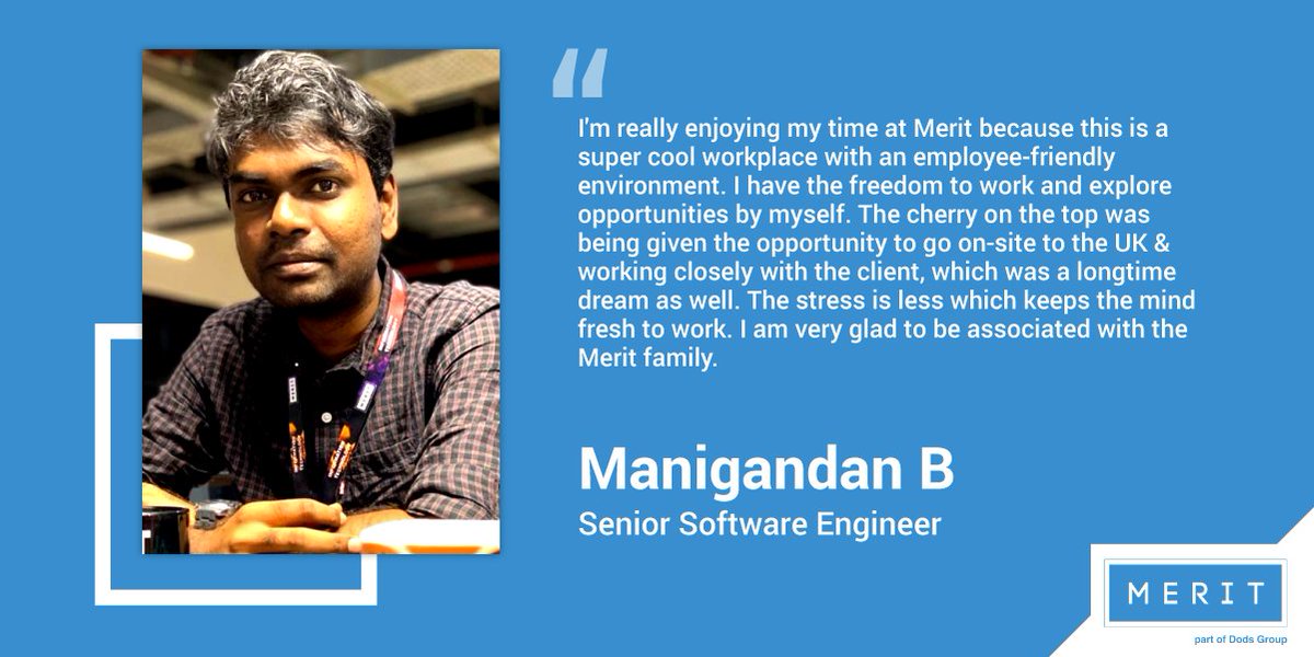 Meritdatatech's tweet photo. Manigandan, one of our Senior Software Engineers, talks about what #Merit means to him and how his professional life has changed.
If you wish to join us, drop a mail to jobs@meritgroup.co.uk
#EmployeeTestimonial #EmployeeSpeaks #LifeAtMerit #MeritGroup #Chennai #JobsAtChennai https://t.co/bVL5YYfhY8