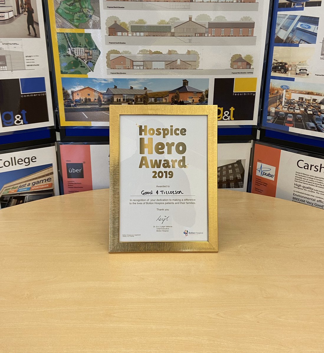 Delighted to announce that we have been awarded the ‘Hospice Hero Award’ for 2019! Thanks to <a href="/boltonhospice/">Bolton Hospice</a> for their continued support and the amazing team here at G&amp;T architects.