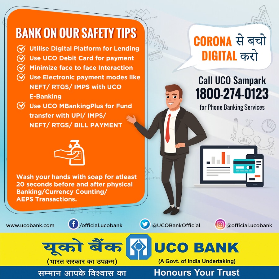 UCOBankOfficial's tweet photo. Corona se Bacho.. Digital Karo!
Bank on our safety tips and be safe from #Corona Download UCO #mBankingPlus now from https://t.co/B4yb2gxxHv

@DFS_India, @RBI, @PMOIndia, @ChairmanIba, @NPCI_NPCI, @MoHFW_INDIA
#mBankingPlus #UCOBank #UCO #DigitalSampark #DigitalBanking https://t.co/GE5ANSteWt