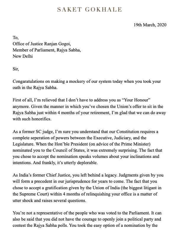 SaketGokhale's tweet photo. I just sent a letter to the latest member of the Rajya Sabha - MP Ranjan Gogoi.

There's a lot here about his "legacy" that's been left unsaid but I'm sure there'll be enough time for that over the next 6 years of his tenure. 

I wanted to "welcome" him first :) https://t.co/yevL6uOsAy