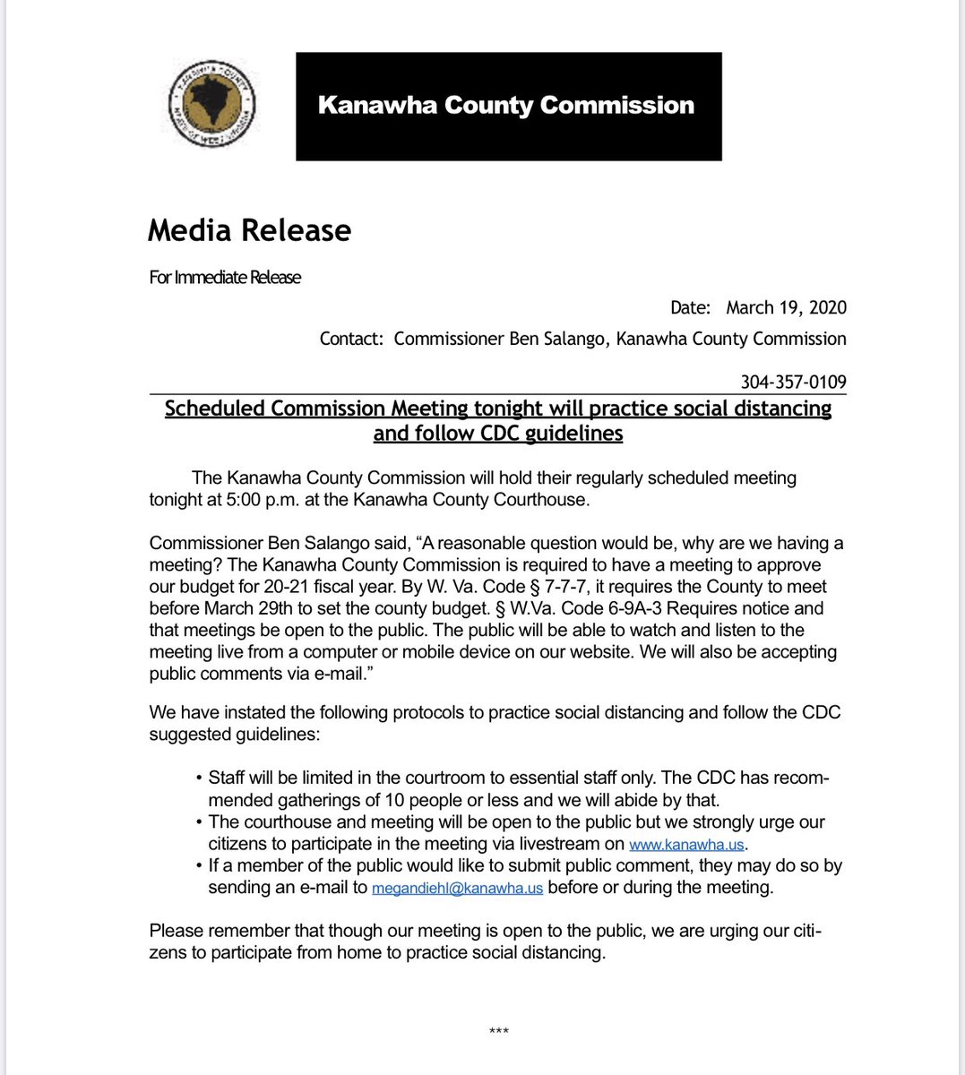 kanawhaus's tweet photo. Tonight’s meeting will be live streamed on our website https://t.co/s8LNQIKhRX. 

If you have a public comment, please submit it to megandiehl@kanawha.us before or during the meeting.

It will be open to the public but we strongly urge the public to practice social distancing. https://t.co/CVySk27YQg