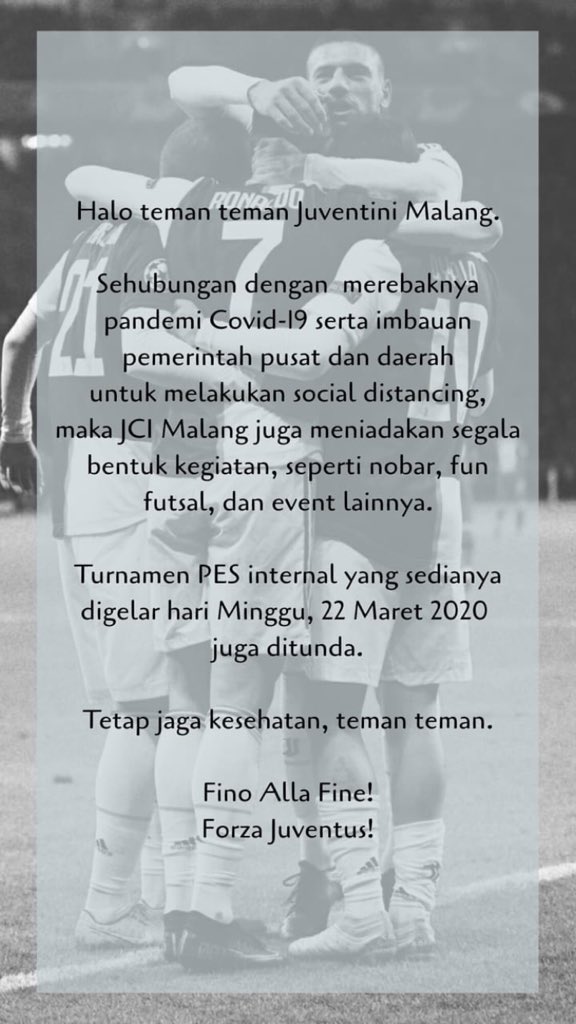 Pernyataan resmi Juventus Club Indonesia Chapter Malang. 

Semoga keadaan segera membaik seperti sedia kala. 
Mari saling peduli dan menjaga sesama. 

Cc <a href="/JCIndonesia/">Juventini Indonesia</a> 

#FinoAllaFine