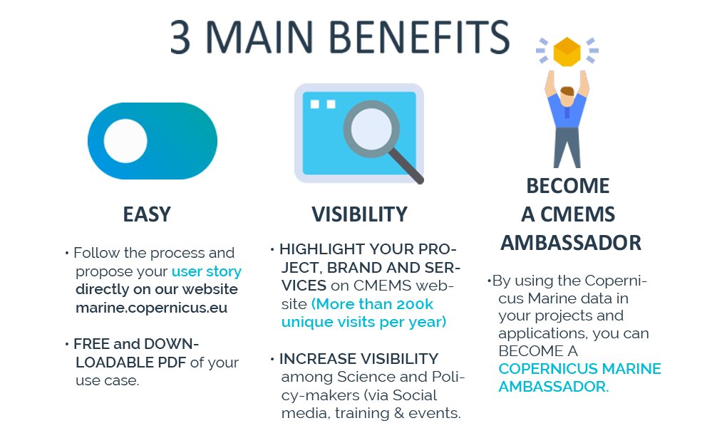 Copernicus Marine (@cmems_eu) on Twitter photo #CMEMSforCoastal
Are you still wondering🤔"why should I submit a use case?"
↪️Here are the 3 main benefits:
- Easy
- Visibility,
- Become a <a href="/CopernicusEU/">Copernicus EU</a> #marine ambassador. ✅
> Go ahead! bit.ly/SubmitUseCase #CMEMSforCoastal
Are you still wondering🤔"why should I submit a use case?"
↪️Here are the 3 main benefits:
- Easy
- Visibility,
- Become a <a href="/CopernicusEU/">Copernicus EU</a> #marine ambassador. ✅
> Go ahead! bit.ly/SubmitUseCase