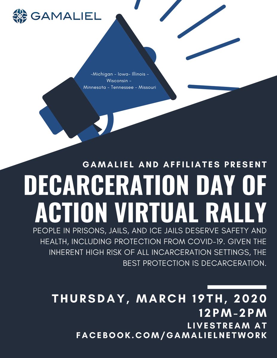 ActionCaleb's tweet photo. Gamaliel is adding their voice to the growing number of organizations and advocacy groups pushing to address the potential crisis that the COVID-19 outbreak poses for incarcerated people.

Virtual Rally today at 1:00 pm ET / 12:00 pm CT. https://t.co/x5pAlHRfbE https://t.co/j9SolvHkxU