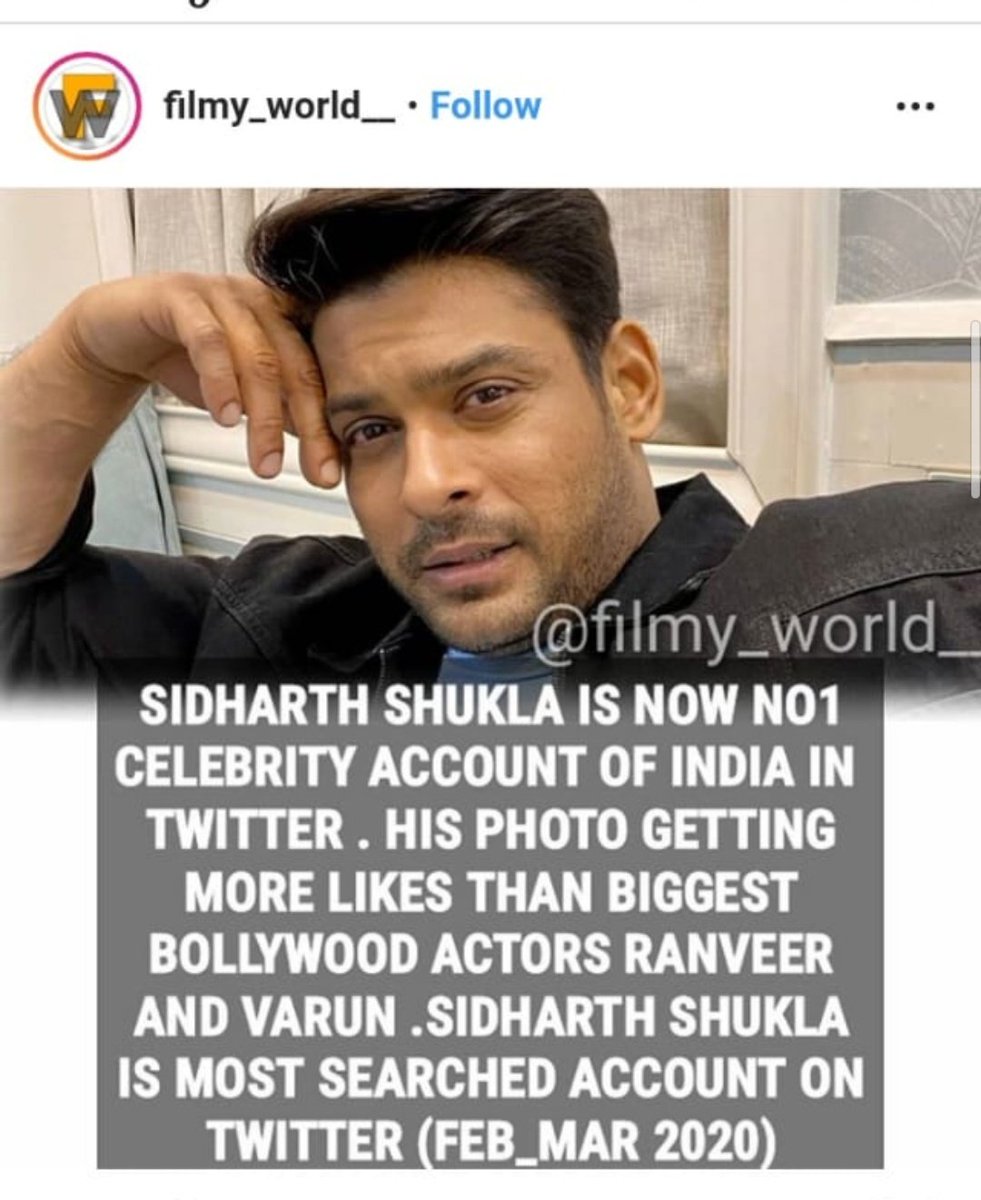 RealAjayTiwari's tweet photo. Breaking News 

  Sidharth Shukla Is No:1 Celebrity Account of India In Twitter His Photos Getting More Likes Then Biggest Bollywood Actors Like Ranveer , Varun , Ayushman ,Rajkumar Rao And Shahid Kapoor Sidharth Shukla Is Most Serched Account On Twitter 
#BhulaDungaOnMarch24 https://t.co/FY9aVcUsfd