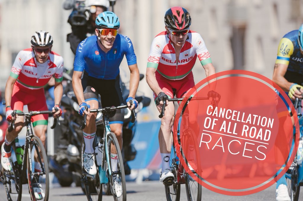 BelarusCycling's tweet photo. The International Cycling Union (UCI) has announced the cancellation of all road races until the end of April 2020❗️❗️🚴🏻‍♂️

#roadtotokyo #spotsevents #uci #minskcyclingclub #coronavirus #covid19 #road #roadraces 
@UCI_cycling @BelarusCycling @Pelotonby @minskcycling @velodailyru https://t.co/b2AJBvMy61