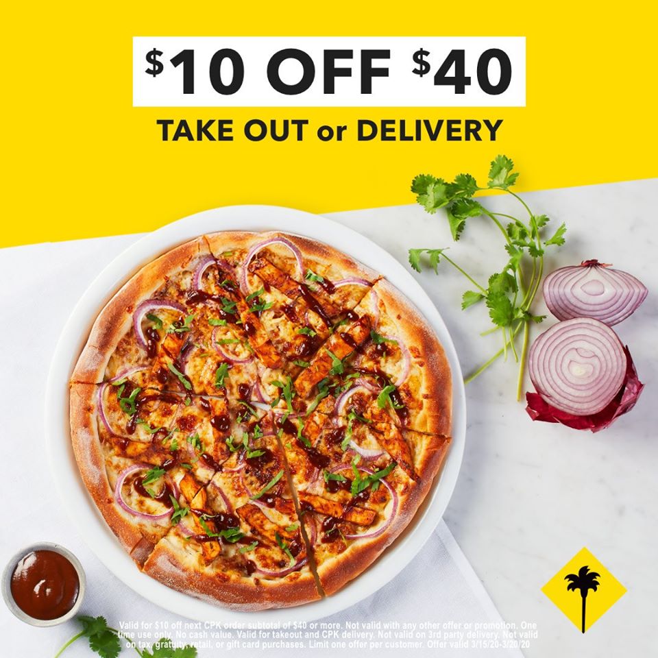 California Pizza Kitchen at Geneva Commons is offering $10 off $40 or more on delivery or pick-up orders. #ExploreGenevaIL #GenevaIL #supportlocalrestaurants #coronavirus #corona2020 #staystronggeneva