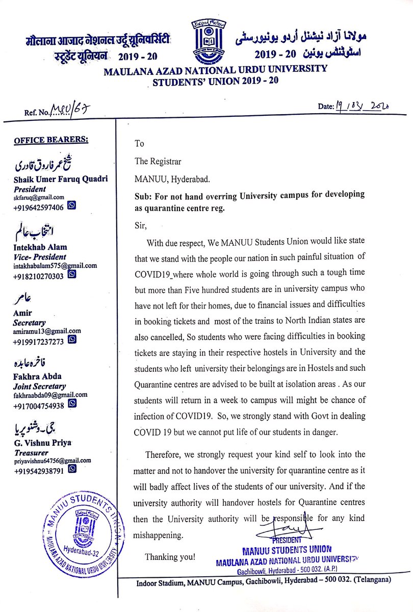 UmarFaruqQuadri's tweet photo. How can TS govt put lives of thousands of MANUU Students,Staff by making Quarantine centre in campus. MANUU is small campus surrounded with residential area which will be in danger.
#NoToQuarantine #in #Manuu
@KTRTRS @TelanganaCMO @umasudhir @PrakashJavdekar @PMOIndia https://t.co/qOl3gaetGd