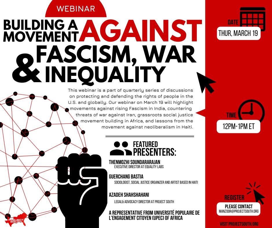 Project South Webinar Today We Re Connecting Local Global Frontlines Movements Against Fascism In India Countering Threats Of War Against Iran Grassroots Social Movement Building In Africa Lessons From