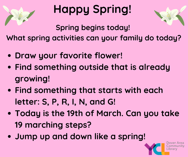 YorkLibraries's tweet photo. Our friends at Dover Area Community Library have a list of things you can do to celebrate the First Day of Spring today! 
Happy spring! How many of these activities can you do today? 🌷🌸🌹🌼💐 https://t.co/sveE7p1570