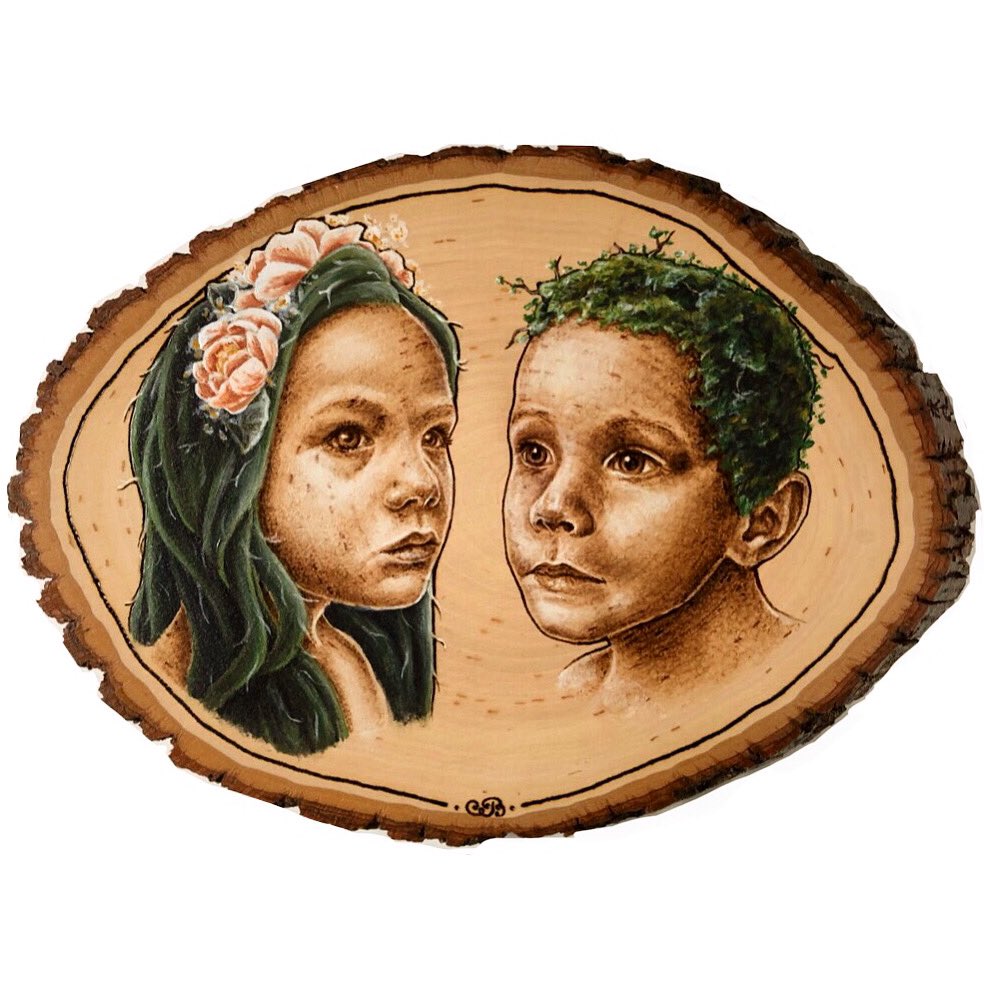 markit_with_a_b's tweet photo. Happy #FirstDayOfSpring 🌸🌱 A perfect day to show this #portrait #woodburning &amp; #painting of mine. I transformed these #children into #fairies with #vines &amp; #leaves for hair. 🧚
.
Today’s also the #BurntMarch Prompt: #SHARP-they “look sharp” with their #fay hairstyles, right? 😉 https://t.co/khrf2vKs2u