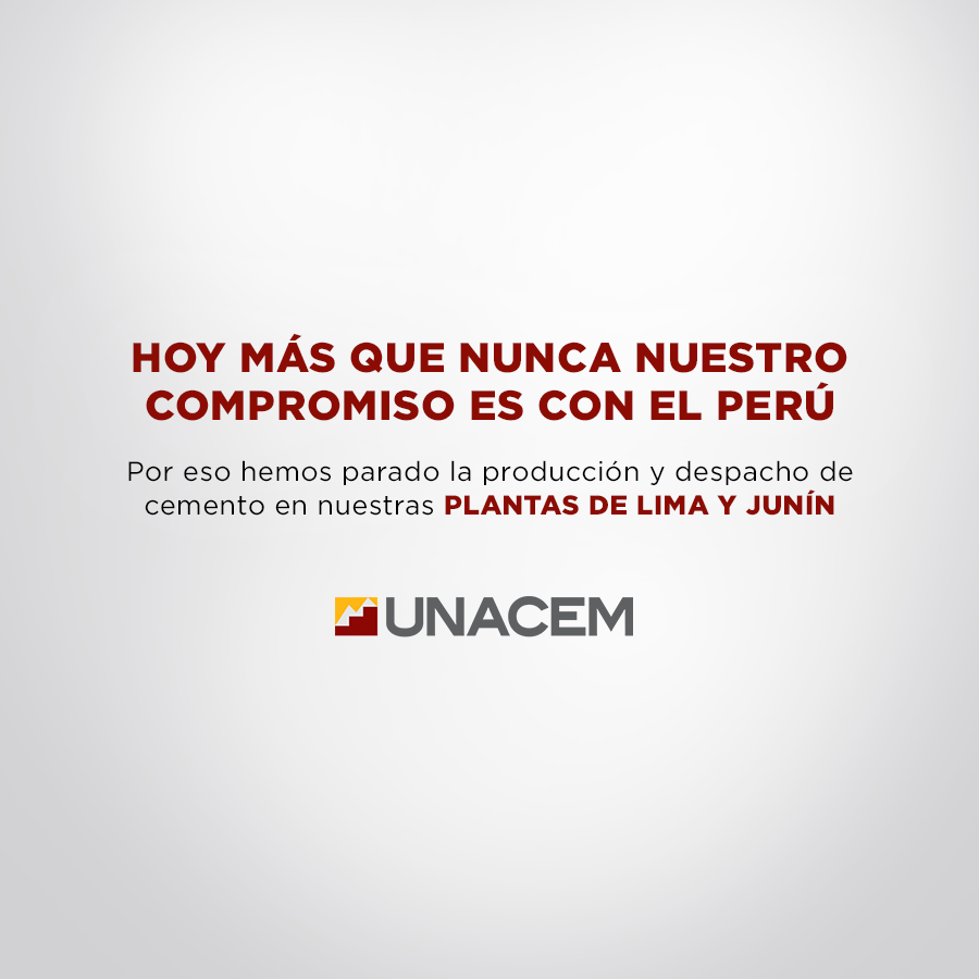 Ante el Estado de Emergencia Nacional, hemos suspendido todas nuestras operaciones productivas y comerciales, incluyendo el despacho de nuestros cementos en nuestras plantas.

Conoce más detalles en la Carta de nuestro Gerente General: bit.ly/carta-unacem

#YoMeQuedoEnCasa