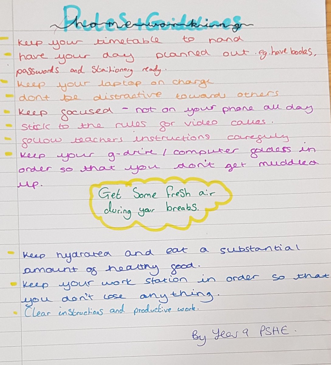 SchoolSherfield's tweet photo. Year 9 have come up with some fantastic home working advice #wegotthis #homelearning #virtualclassroom #remotelearning #SHFRemote #SHFYear9 #PHSE https://t.co/rypS29JB3h