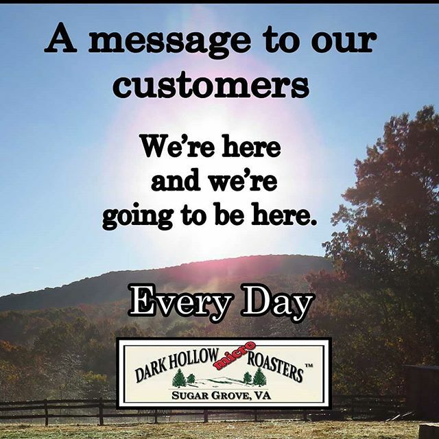 A message from Dark Hollow Micro Roasters to all of our customers

During this period of uncertainty, Dark Hollow will be roasting daily as usual, and shipping coffee Monday through Friday.

We have suspended all personal coffee deliveries.  All orders p… ift.tt/2Wt6VGM