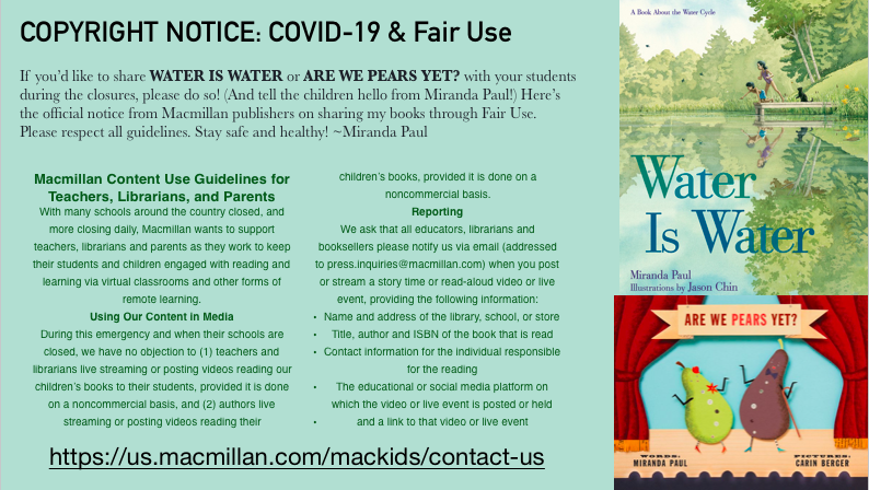 Miranda_Paul's tweet photo. In these times that test our patience &amp; show us the wonders of our own backyard, here are 2 books that #teachers may want to share! Please take a look at the fair use policy for video sharing my books with your students. 

Enjoy #WaterisWater and #AreWePearsYet! #kidlitquarantine https://t.co/ZLGcEXwd48