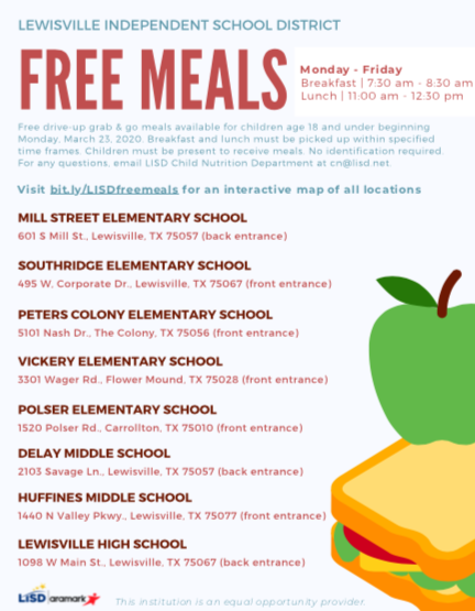 hebron9th's tweet photo. Free drive-up grab and go meals available starting Monday, March 23. Children must be present receive meals. Please email Child Nutrition at cn@lisd.net for more information. Visit https://t.co/PM5nvTeEVh for an interactive map of all locations. https://t.co/Ja1ID501BL