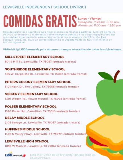 hebron9th's tweet photo. Free drive-up grab and go meals available starting Monday, March 23. Children must be present receive meals. Please email Child Nutrition at cn@lisd.net for more information. Visit https://t.co/PM5nvTeEVh for an interactive map of all locations. https://t.co/Ja1ID501BL