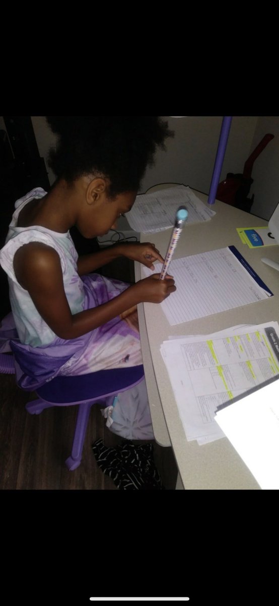 A scholar hard at work at home in her PJs! #ISESteleschoolSpirit <a href="/IsonSpringsES/">IsonSpringsES</a>
