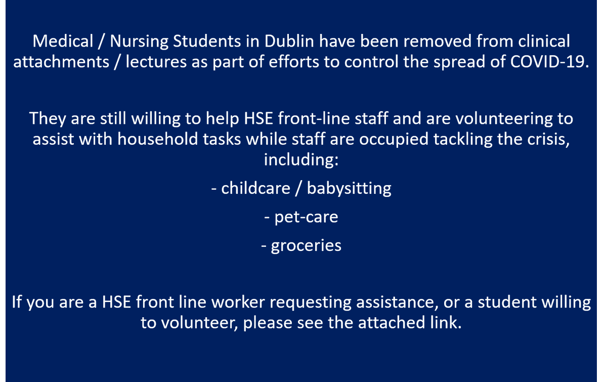 ShaneOCeallaigh's tweet photo. We have begun to run out of volunteers in certain areas, such is the demand. So once again asking for new recruits in any healthcare course who are willing / able to give childcare supports to frontline @HSELive staff.

https://t.co/p7UtfydzoX https://t.co/1eX8OnqUTw
