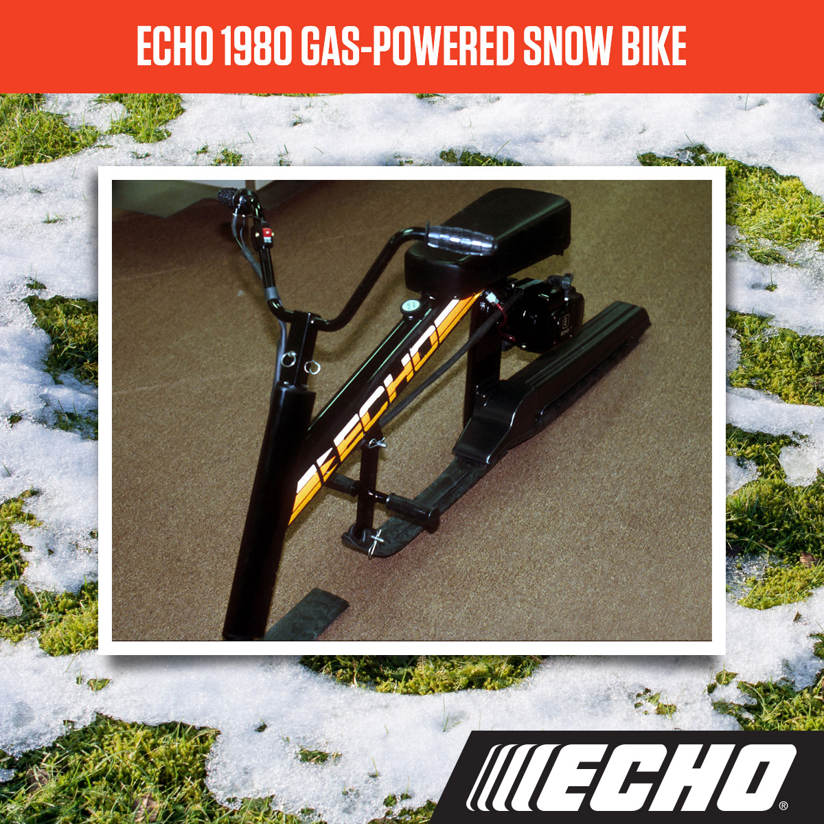 ECHO_USA's tweet photo. In 1980, ECHO manufactured the affordable and fun Snow Bike. It was powered by a 80cc, hi-performance, Hi-RPM piston-ported 2-stroke engine and was able to reach speeds in excess of 35 mph. It was only manufactured for 1 year, so if you still have one let us know! https://t.co/EzUPVWDUZj