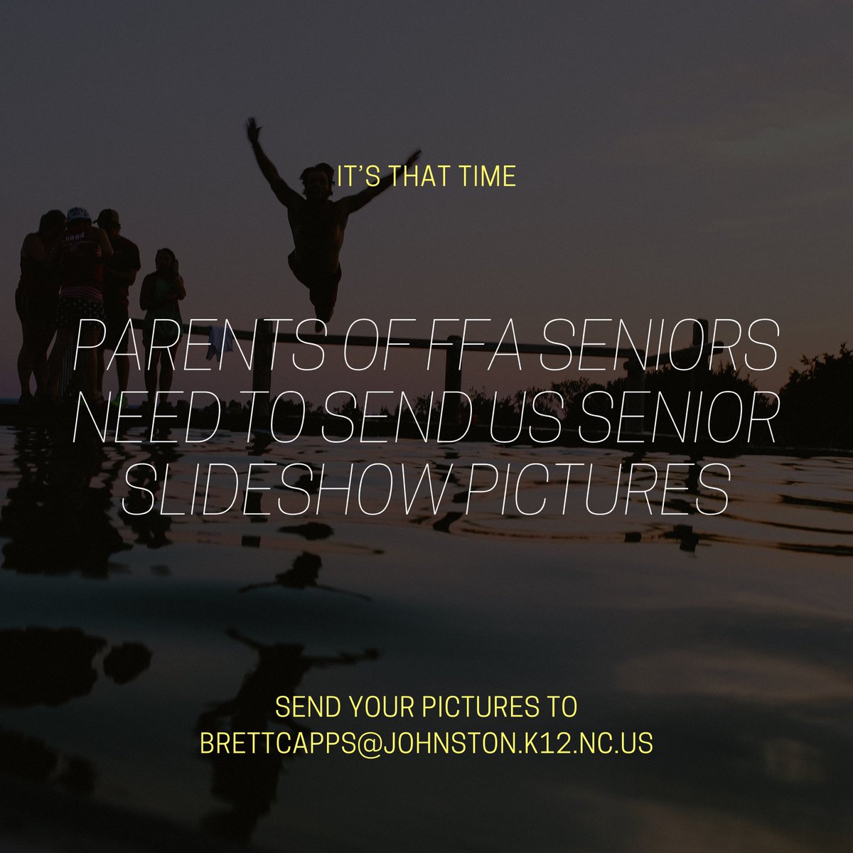 It’s finally time for us to get the senior slideshow ready! Parents of FFA seniors need to email Mr. Capps with around 10 pictures of your child from birth all the way to a senior picture. We need these by 3/28.
