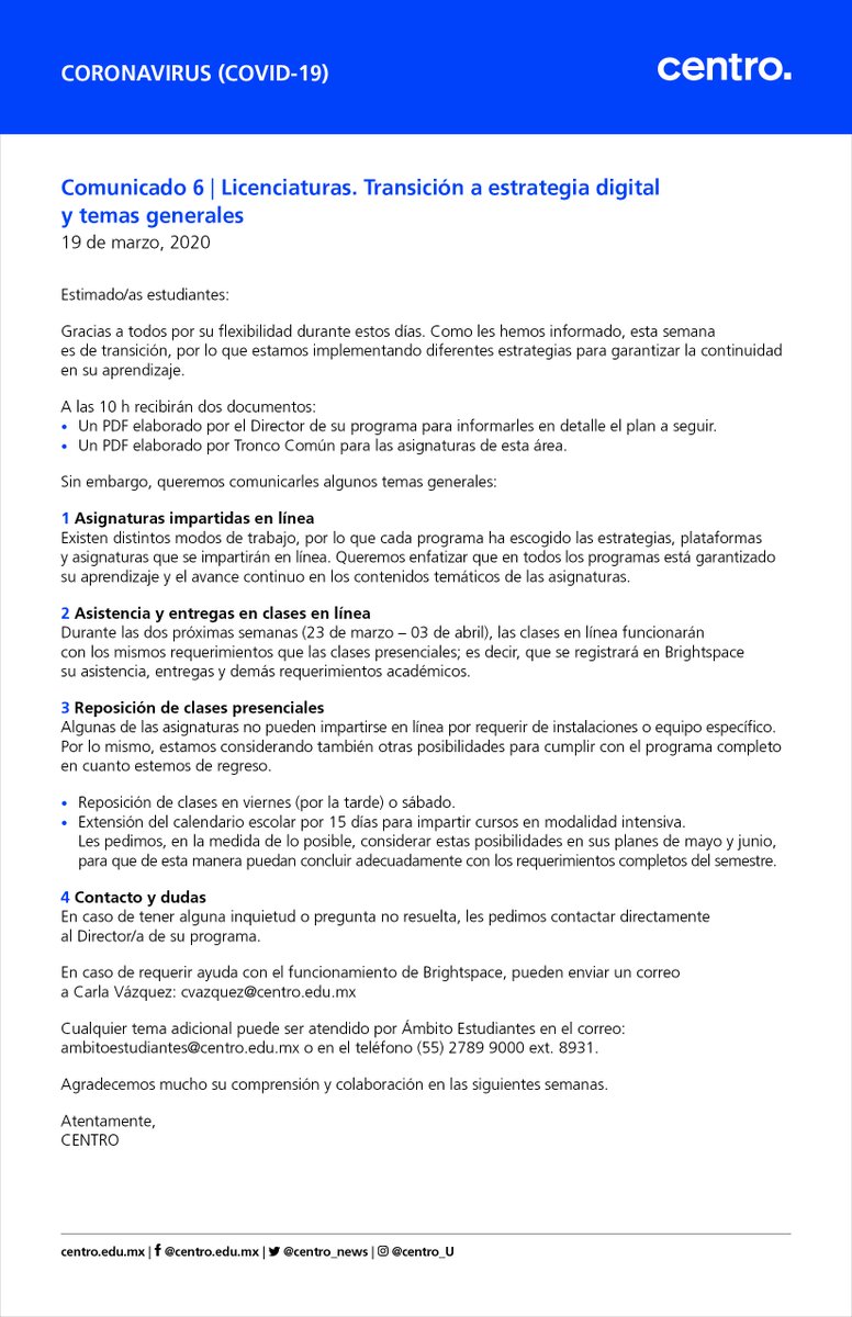 centro_news's tweet photo. Comunicado 6 | Transición a estrategia digital y temas generales por Licenciatura y Posgrados👉 https://t.co/vPW2sjLru8

#CENTROinforma https://t.co/2EW5zXg2Sw