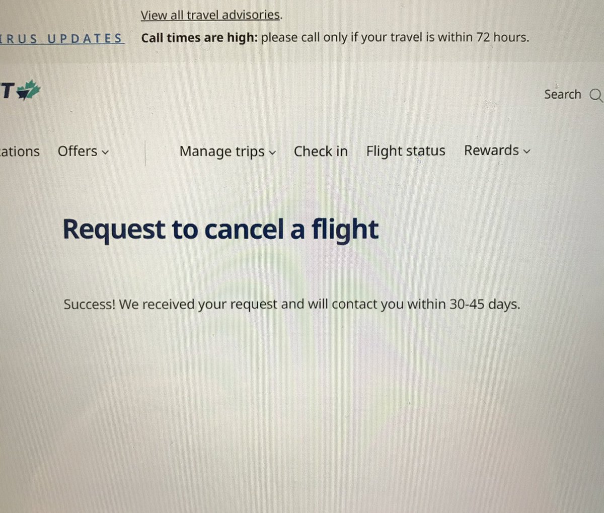 kirbyrox14's tweet photo. Thank you @WestJet for offering a form to cancel a flight this weekend. I haven’t even been able to get into your hours long queue this week so this is very helpful! https://t.co/e5HRgq7Ri3