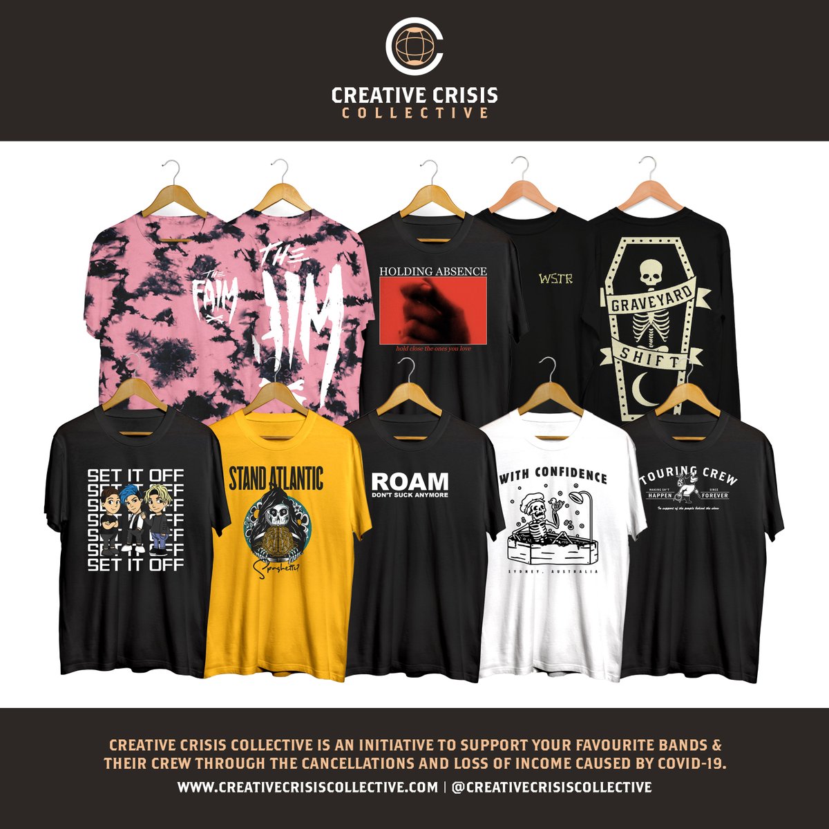 We're proud to be part of Creative Crisis Collective an initiative to help bands and their crew though the cancellations and loss of income incurred due to Covid-19. You can pick up plenty of great designs and learn more over at creativecrisiscollective.com 💛