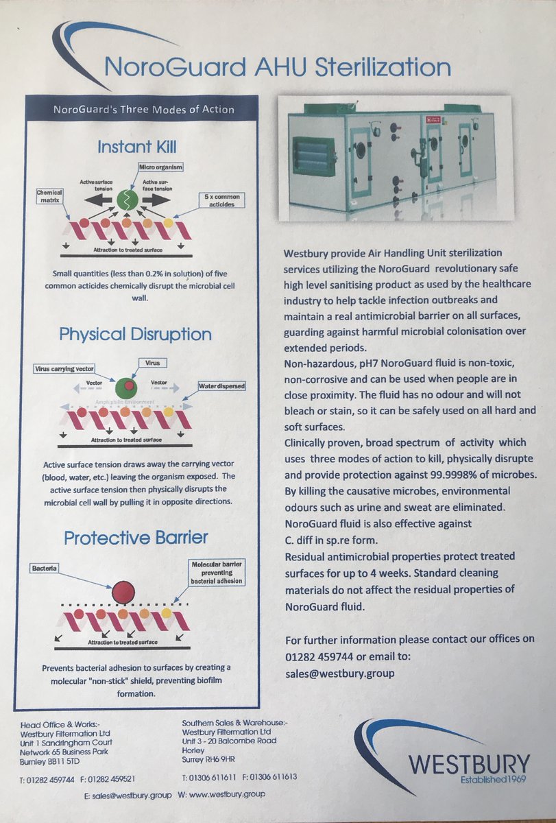 Westburygroup1's tweet photo. In light of the current #COVID19 crisis, Westbury are providing Air Handling System (AHU) deep cleaning and sterilisation services. 

For more details please contact 

💻 salesadmin@westbury.group 
☎️ 01282 459744
https://t.co/8xFKOnRqpQ 

#WashYourHands #cleanair #Convid19uk https://t.co/EEJYG4vcbo