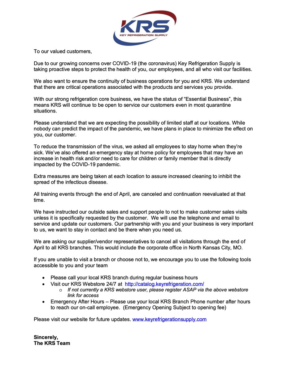 KRSinKC's tweet photo. Please see important letter to our customers regarding COVID-19. https://t.co/5cCk8JLRiz